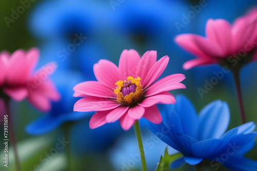 Group of Pink and Blue Flowers in a Field