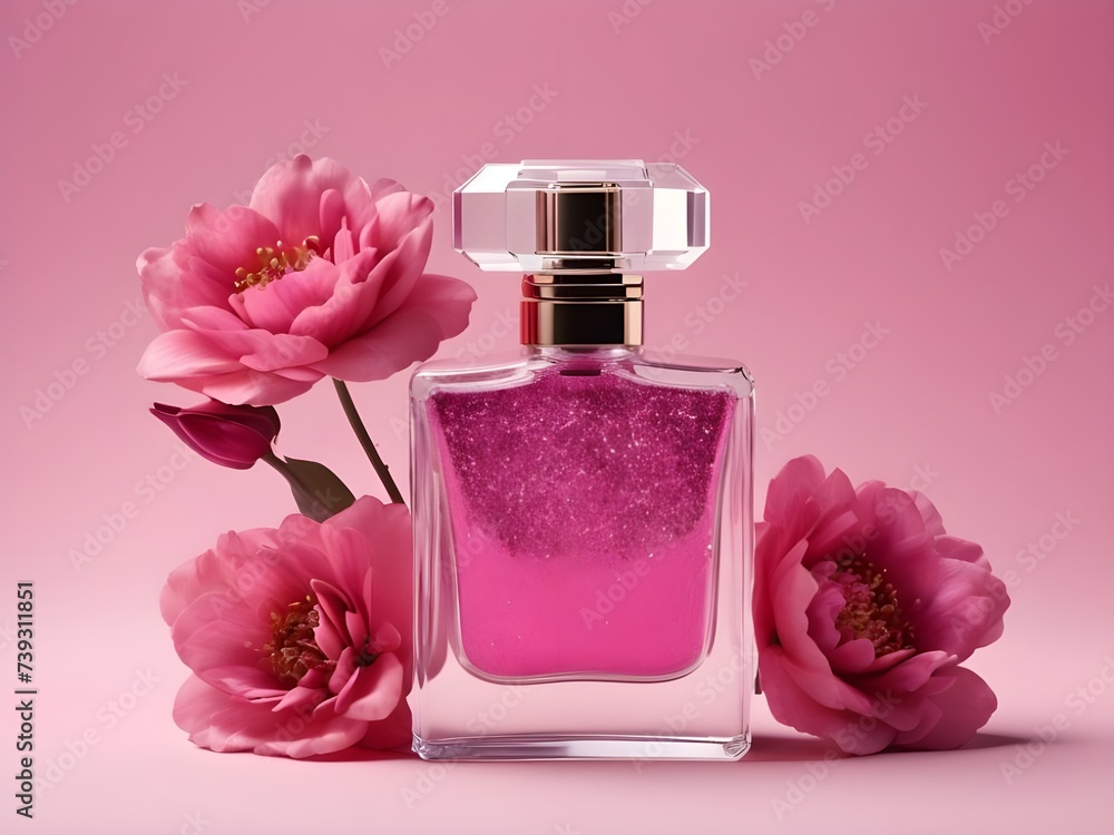 A Realistic Perfume in Glass Bottle on Luxurious Flower Background – Ideal Advertising Poster for Introducing a New Fragrance, Luxury Glass Perfume Bottle with Beautiful Floral Background A Realistic Perfume in Glass Bottle on Luxurious Flower Background – Ideal Advertising Poster for Introducing a New Fragrance, Luxury Glass Perfume Bottle with Beautiful Floral Background