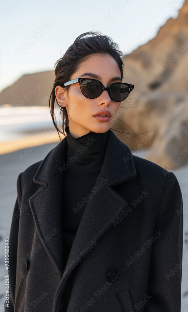 Capture a Hispanic female model in a high-fashion setting on a beach. She is dressed in a stylish yet unconventional black coat and sunglasses Capture a Hispanic female model in a high-fashion setting on a beach. She is dressed in a stylish yet unconventional black coat and sunglasses