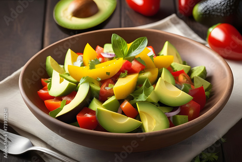 Bowl of Sliced Avocado, Tomatoes, and Bell Peppers
