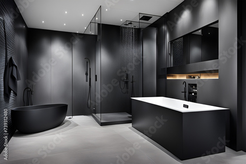 Modern matte black bathroom with a bathtub, sink, basin, shower. Beautiful washroom design illustration concept. Minimalist black and white sleek interior photo