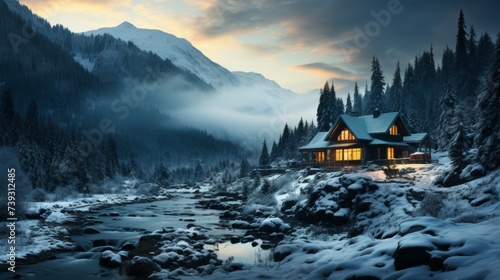 A lone cabin nestled in a snowy mountain forest, smoke rising from the chimney, peaceful and isolate © ProVector