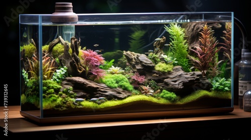 A tiny desk aquarium, creatively arranged with miniature aquatic scenery, bright LED lighting castin