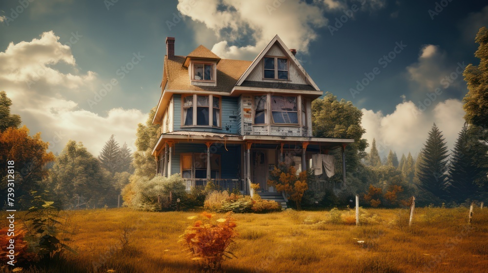 Illustration of an old, damaged, uninhabited and scary house, Halloween themed background. Property real estate illustration. Illustration of an old, damaged, uninhabited and scary house, Halloween themed background. Property real estate illustration.