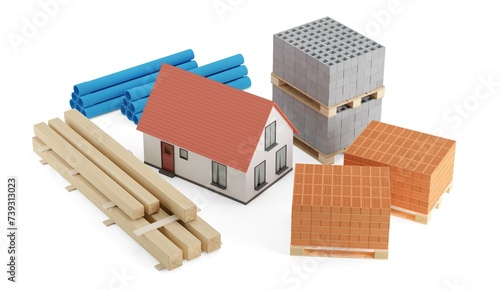 Collection of building or construction materials, bricks, concrete bricks, pvc pipes and wood beams around miniature house model over white background