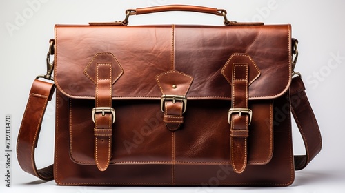 A sophisticated leather briefcase, its fine craftsmanship and elegant design highlighted against a w