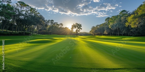 a golf course with trees and sun shining through the clouds