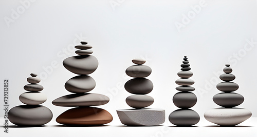 5 Piles of zen rocks against white background with copy space.