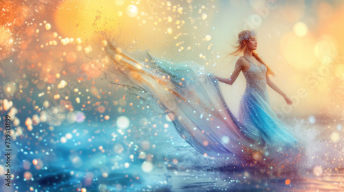 Goddess of fairy in magical glittering blue dress walks on water