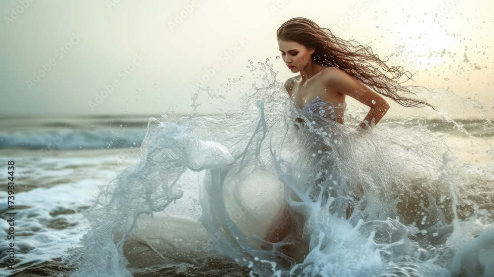 Obraz premium Goddess of fairy in magical dress walks on water, magical sea scene
