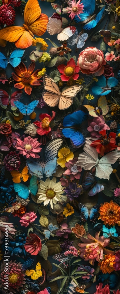 a group of butterflies and flowers