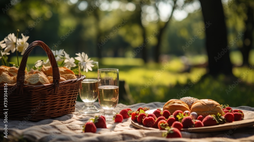 A serene outdoor picnic scene with a red and white checkered blanket spread on lush green grass, a w