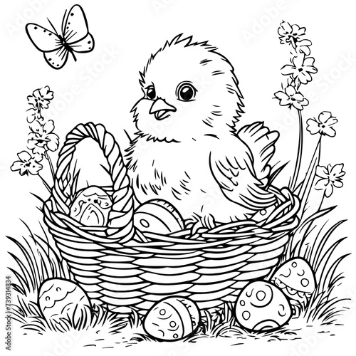 Easter basket with a chick. Coloring book