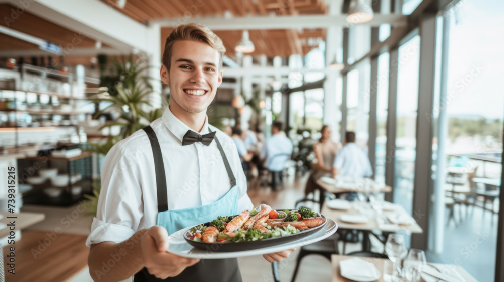 Male caucasian waiter holding dish in restaurant Male caucasian waiter holding dish in restaurant