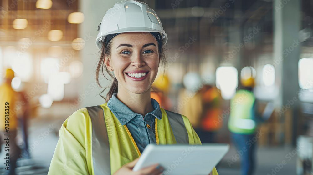 A female engineer smiles confidently on the construction site, her hard hat symbolizing safety and professionalism. A female engineer smiles confidently on the construction site, her hard hat symbolizing safety and professionalism.