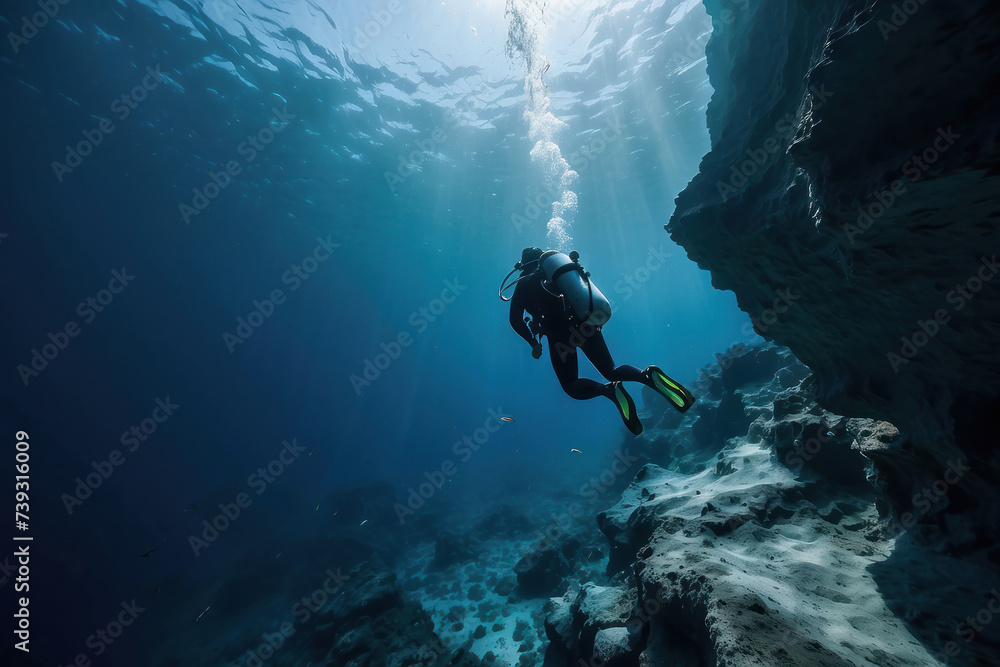 scuba diver at the edge of a drop-off, endless deep blue abyss, feeling of awe and solitude