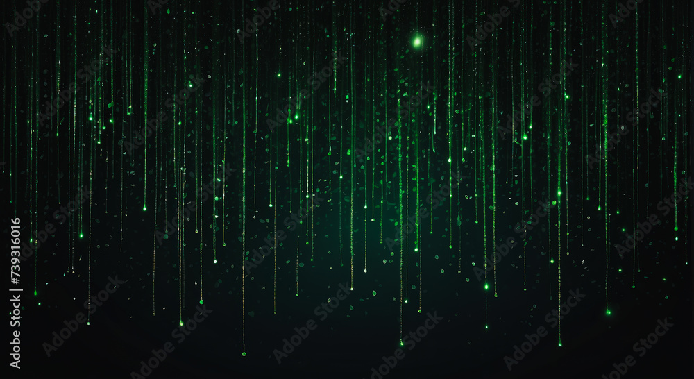 Shiny green glitter rain draping down on black background, sparkling particles celebration background, for party, poster, greeting card, Christmas and St Patrick's Day
