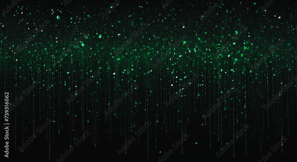 Shiny green glitter rain draping down on black background, sparkling particles celebration background, for party, poster, greeting card, Christmas and St Patrick's Day