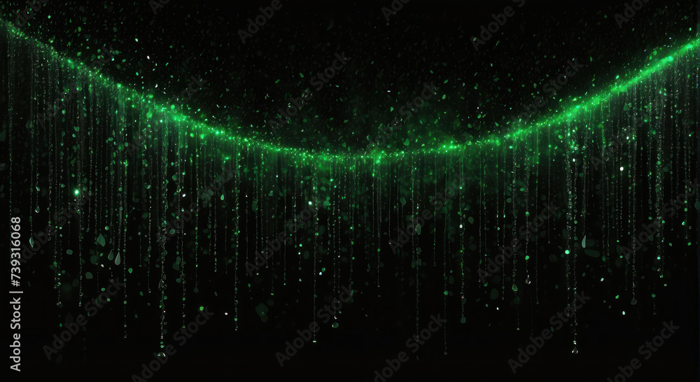 Shiny green glitter rain draping down on black background, sparkling particles celebration background, for party, poster, greeting card, Christmas and St Patrick's Day