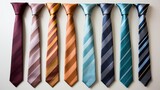 A collection of executive ties, rolled and presented in a row, their patterns and colors standing ou