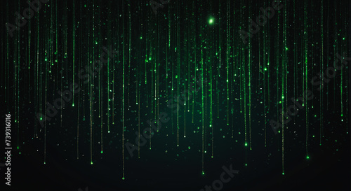 Shiny green glitter rain draping down on black background, sparkling particles celebration background, for party, poster, greeting card, Christmas and St Patrick's Day