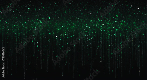 Obraz na płótnie Shiny green glitter rain draping down on black background, sparkling particles celebration background, for party, poster, greeting card, Christmas and St Patrick's Day w salonie