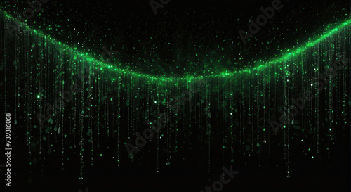 Shiny green glitter rain draping down on black background, sparkling particles celebration background, for party, poster, greeting card, Christmas and St Patrick's Day