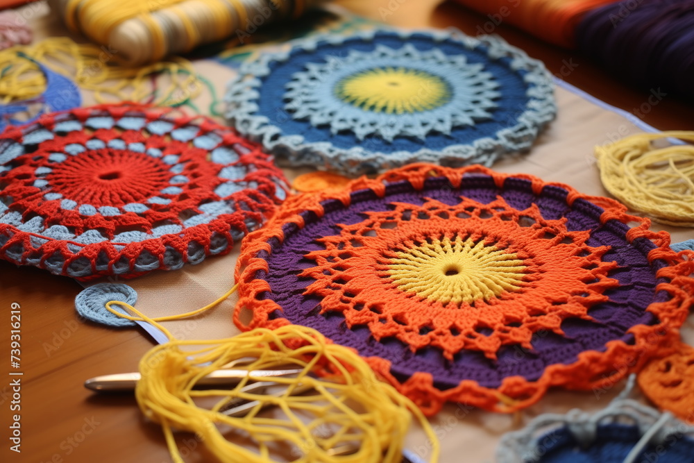 Obraz premium Colorful knitted napkins made of yarn in ethnic style 