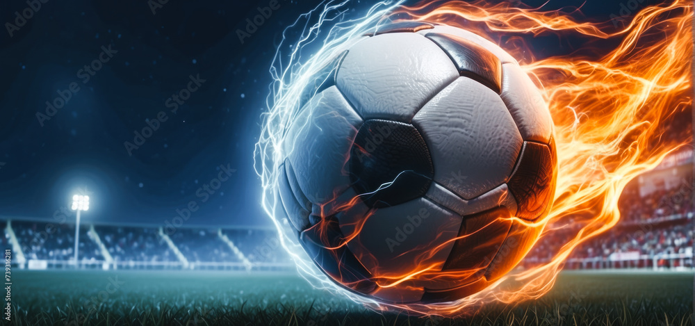 soccer ball with flames and lightning flying like a comet on night sky, blue and orange background