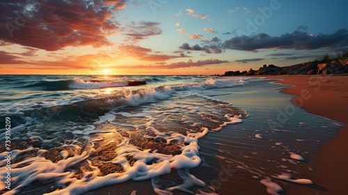 A deserted beach at dusk, the gentle waves caressing the shore, the colors of the sunset reflecting