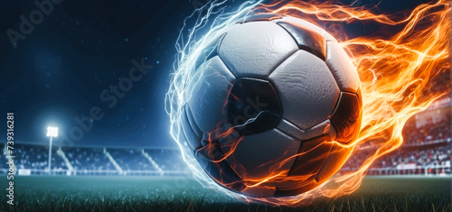 soccer ball with flames and lightning flying like a comet on night sky, blue and orange background