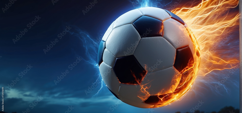soccer ball with flames and lightning flying like a comet on night sky, blue and orange background