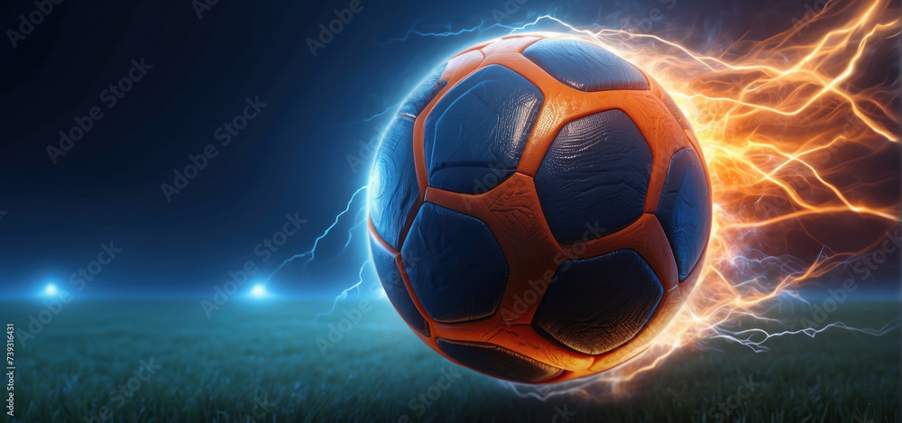 soccer ball with flames and lightning flying like a comet on night sky, blue and orange background