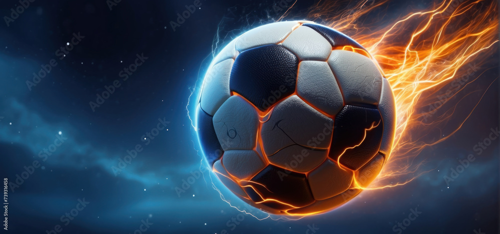 soccer ball with flames and lightning flying like a comet on night sky, blue and orange background