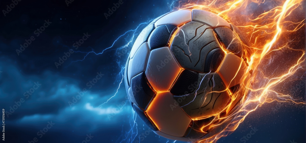 soccer ball with flames and lightning flying like a comet on night sky, blue and orange background