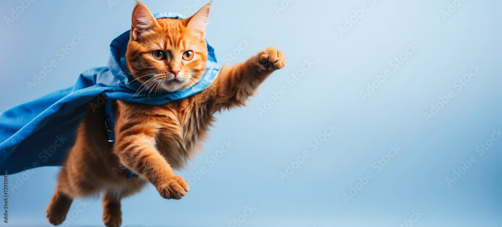 Superhero cat, cute Siberian red tabby kitten in a blue cloak and mask jumps and flies on a blue background with copy space. Concept of superhero, super cat, leader, funny animal shot in studio