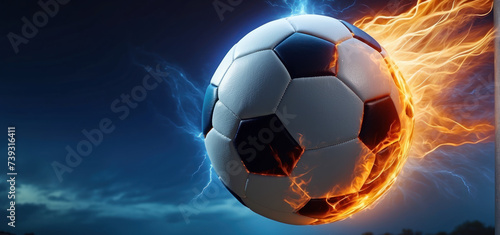 Obraz na płótnie soccer ball with flames and lightning flying like a comet on night sky, blue and orange background w salonie