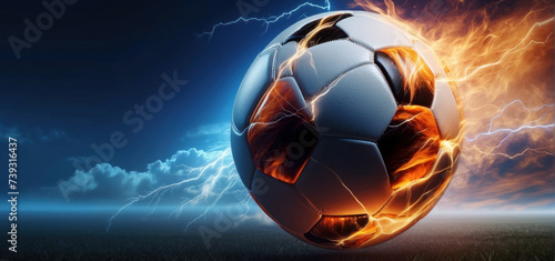 soccer ball with flames and lightning flying like a comet on night sky, blue and orange background