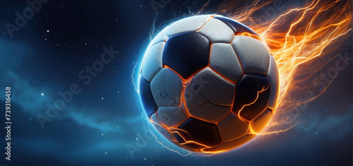 Obraz na płótnie soccer ball with flames and lightning flying like a comet on night sky, blue and orange background w salonie