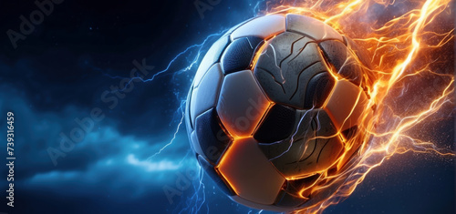 Obraz na płótnie soccer ball with flames and lightning flying like a comet on night sky, blue and orange background w salonie