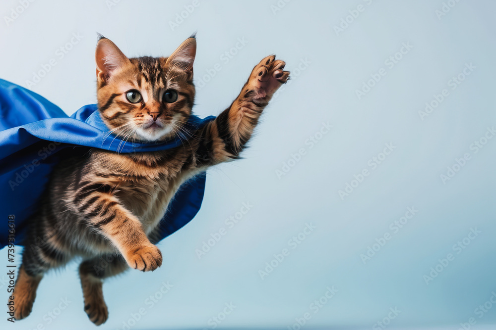 Superhero cat, cute Siberian tabby kitten in a blue cloak and mask jumps and flies on a blue background with copy space. Concept of superhero, super cat, leader, funny animal shot in studio