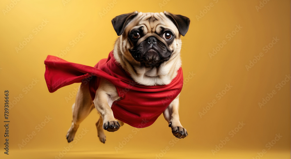 superhero dog, cute, cute in a red cape jumps and flies on a yellow background with copy space. Superhero concept, funny animal shot in studio