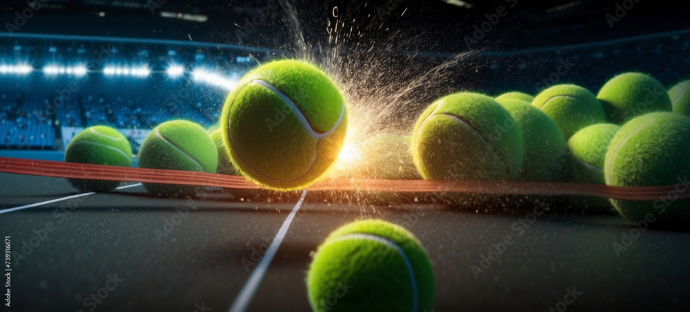 Tennis balls background after the game. Close up view of green tennis balls