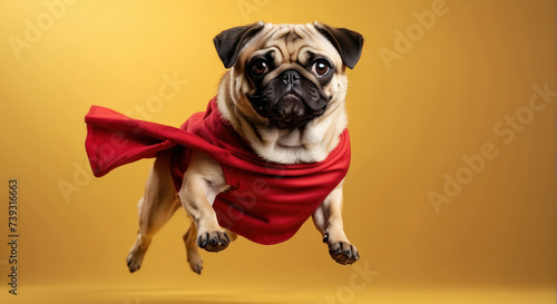 superhero dog, cute, cute in a red cape jumps and flies on a yellow background with copy space. Superhero concept, funny animal shot in studio