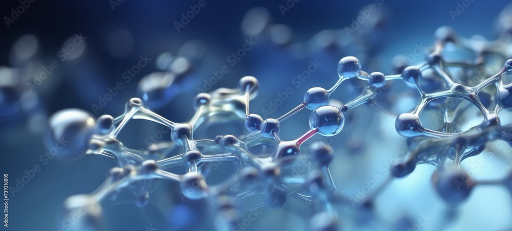 Transparent molecular structure in a blue hued scientific environment