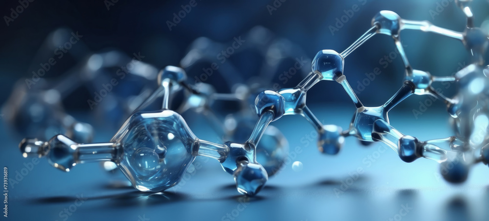 Transparent molecular structure in a blue hued scientific environment