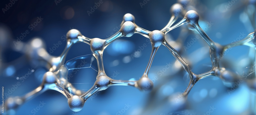 Transparent molecular structure in a blue hued scientific environment