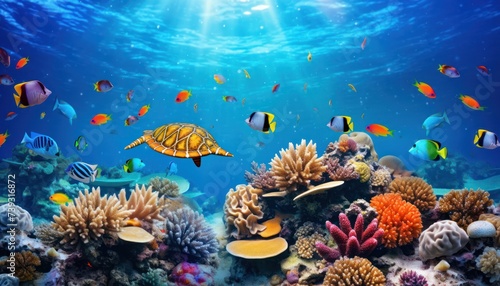 Fish in the water, coral reef, underwater life, various fish and exotic coral reefs