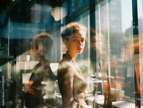 Portrait einer Geschäftsfrau mit Reflexionen und Spiegelungen einer Glasscheibe im Gegenlicht