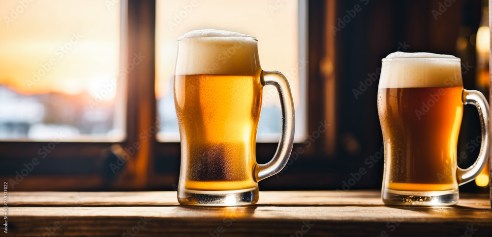 Two mugs of light beer with foam standing on a wooden table in a bar or room with windows and sunlight in the background, with space for text, advertising and banner for beer